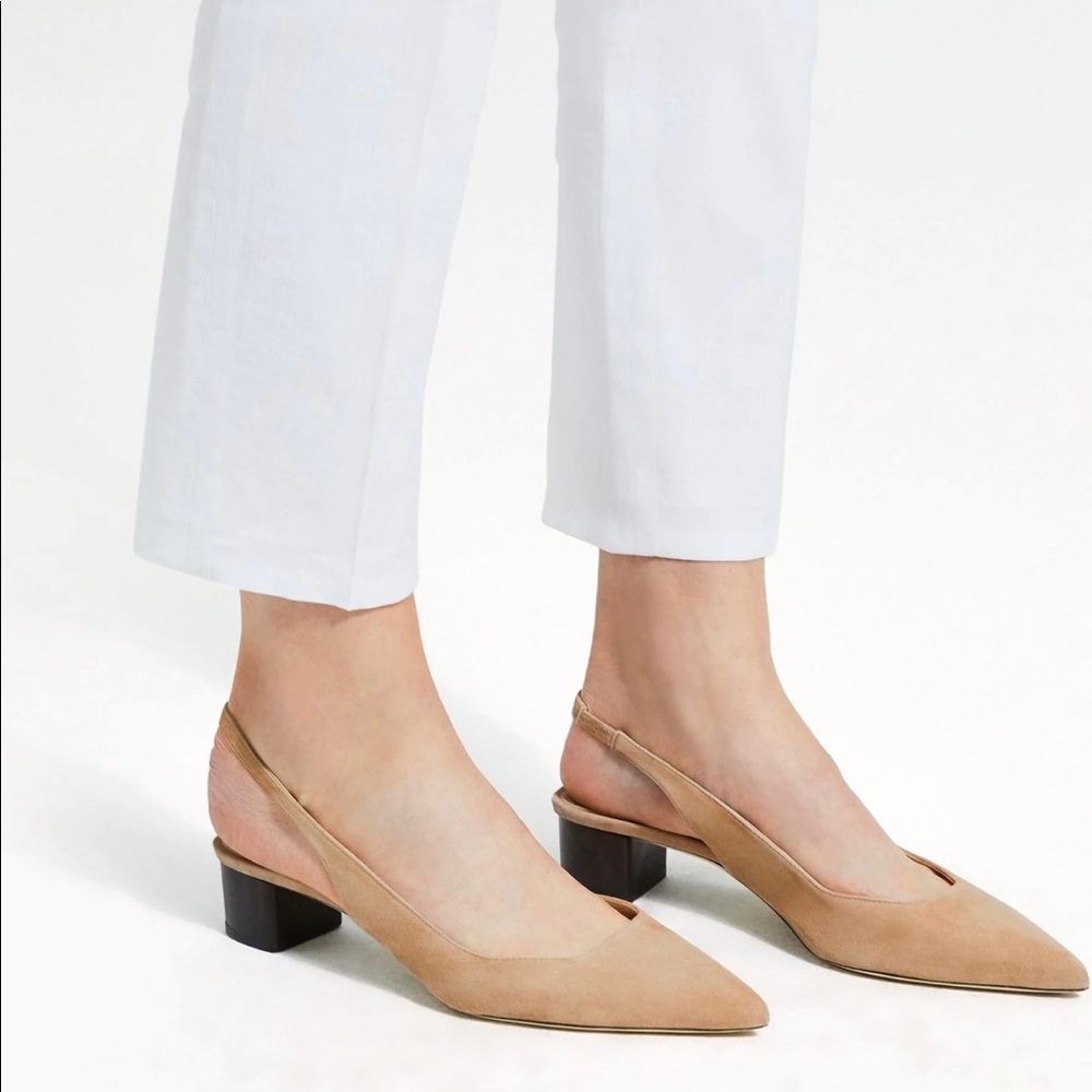 [Sold off-site] NWOT: Theory Block Heel Pointed Toe Slingback Beige Clay Suede